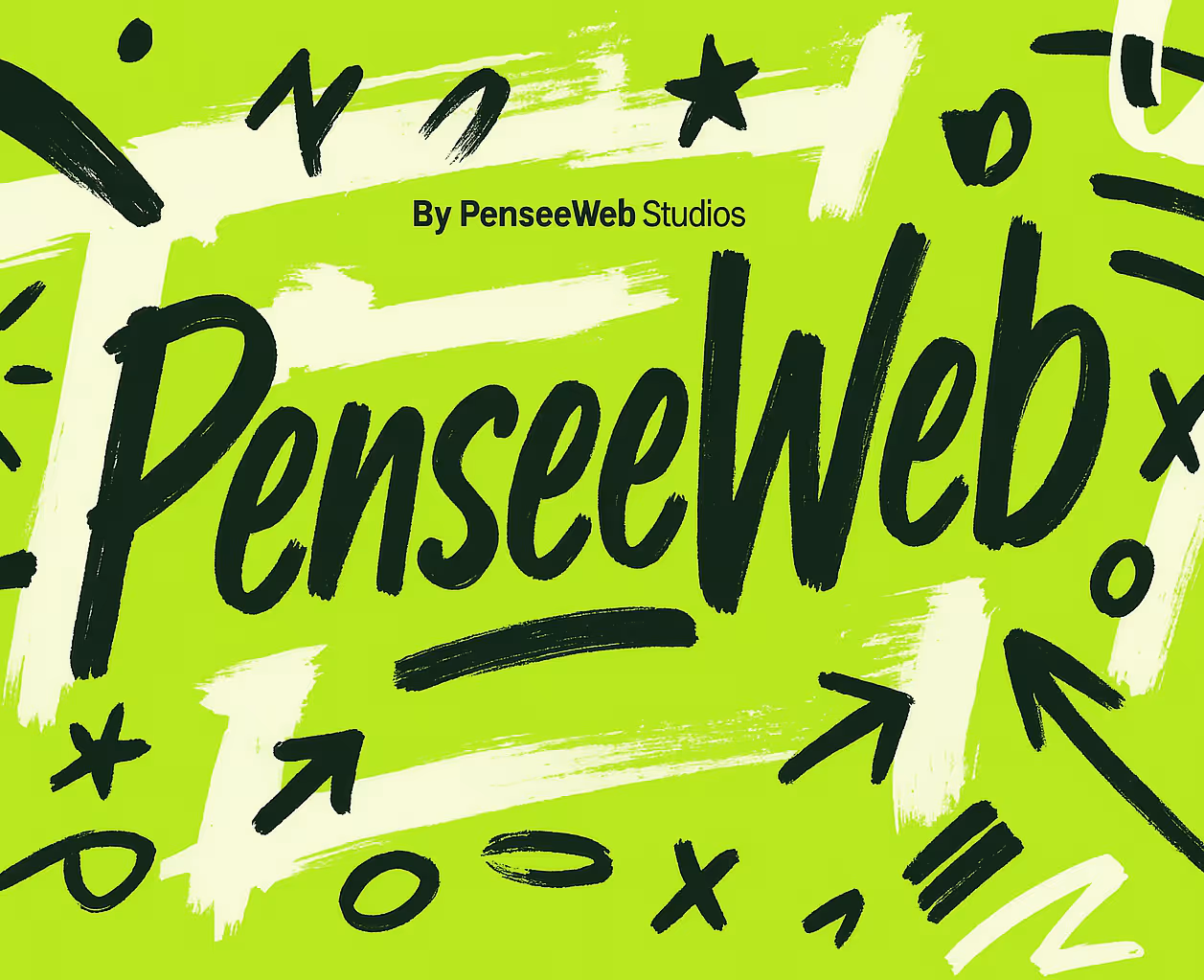 Homepage banner for PenséeWeb Studios featuring bold handwritten branding on a green background with black arrows and abstract marks, overlaid with the tagline "The Future of Visual Learning" and a button labeled "Discover the PenseeWeb AI."